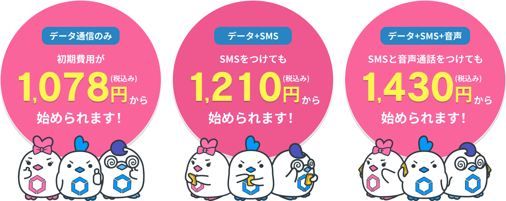 データ通信のみ：初期費用が1,078円（税込み）から始められます！データ+SMS：SMSをつけても1,210円（税込み）から始められます！データ+SMS+音声：SMSと音声通話をつけても1,430円から始められます！