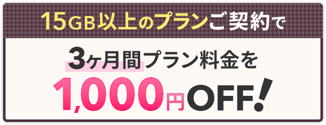 15GB以上のプランご契約で3ヶ月間プラン料金を1,000円OFF!
