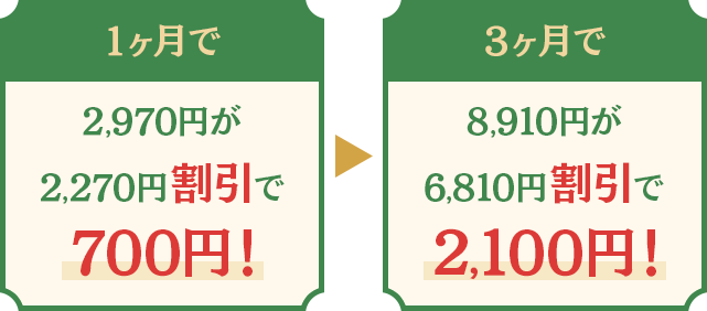 1ヶ月で2,970円が2,270円割引で700円! 3ヶ月で8,910円が6,810円割引で2,100円!