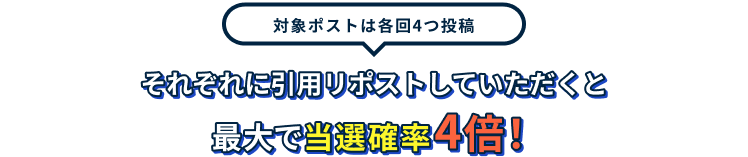 対象ポストは各回4つ投稿 それぞれに引用リポストしていただくと最大で当選確率4倍！