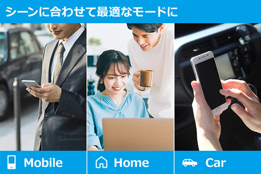 モード切り替えにより、Mobile、Home、Car それぞれのシーンで最適に使える